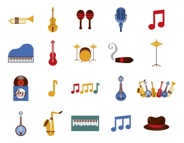Instrumentos de música e ícones de conjunto — Vetor de Stock