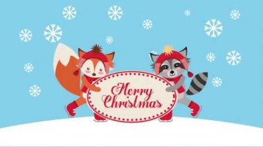 sevimli rakun ve tilki ile mutlu noel kartı