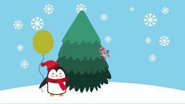 sevimli rakun ve penguen ile mutlu noel kartı