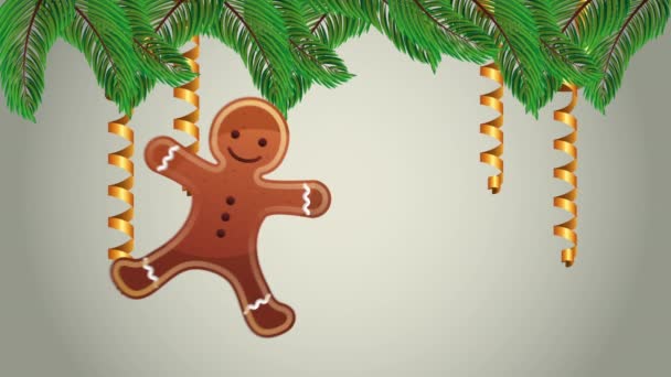 Feliz feliz feliz venta de Navidad con galleta de jengibre y hojas — Vídeos de Stock
