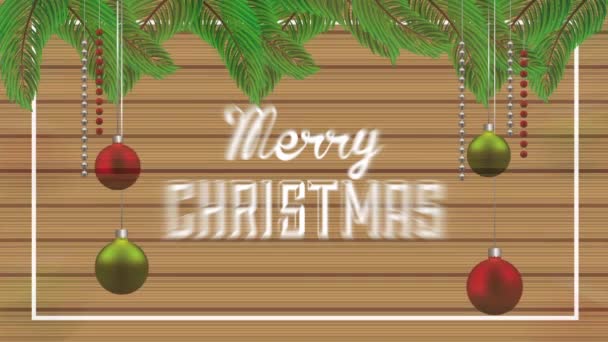 Feliz feliz tarjeta de Navidad con bolas colgando decoración — Vídeos de Stock
