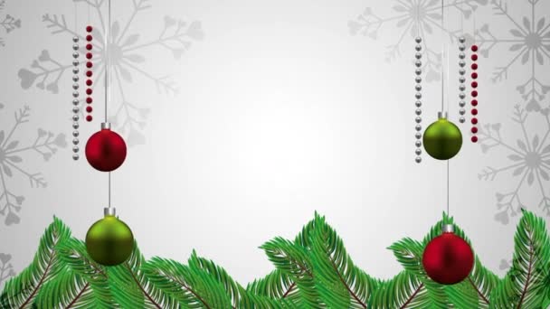 Happy καλά Χριστουγεννιάτικη κάρτα με μπάλες κρέμονται διακόσμηση — Αρχείο Βίντεο