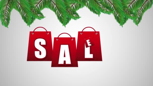 Feliz feliz venta de Navidad con bolsas de compras colgando — Vídeos de Stock