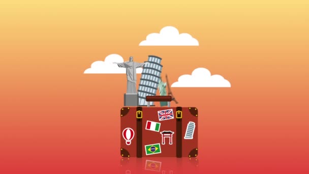 Koffer met set reis items animatie — Stockvideo