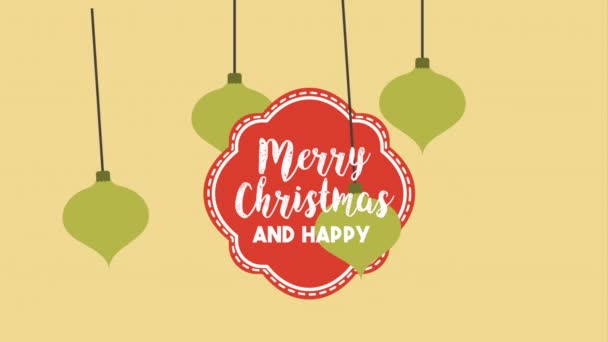 Happy Merry julkort med ram och bollar hängande — Stockvideo