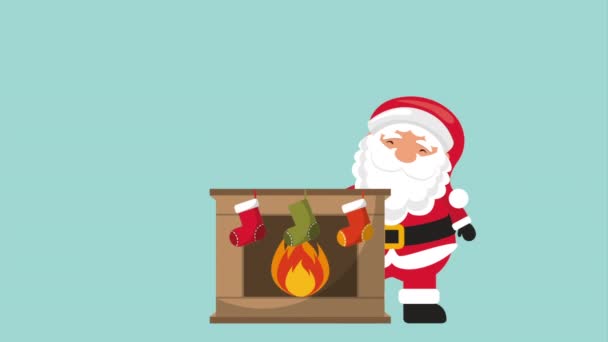 Feliz tarjeta de Navidad feliz con Santa Claus y chimenea — Vídeo de stock