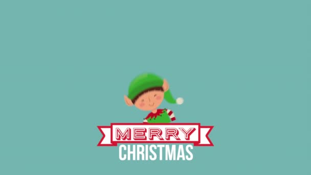 Feliz feliz tarjeta de Navidad con elfo lindo — Vídeos de Stock