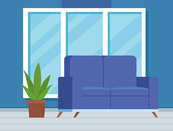 Salon avec fenêtre et canapé design — Image vectorielle
