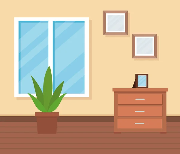 窓と植物と写真付きのホームリビングルーム — ストックベクタ