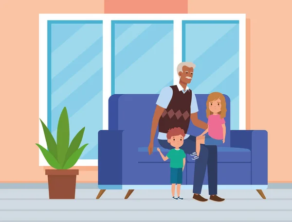 Lindo abuelo con su niño y niña niños — Vector de stock