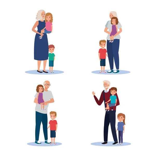 Conjunto de abuelos con sus chicas lindas y niños niños — Vector de stock