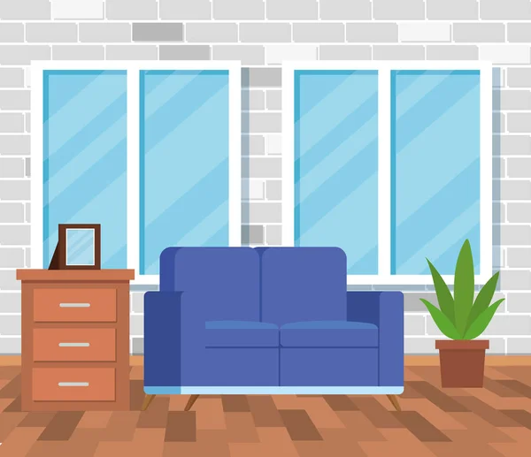 Casa salón con sofá y cajones con planta — Vector de stock