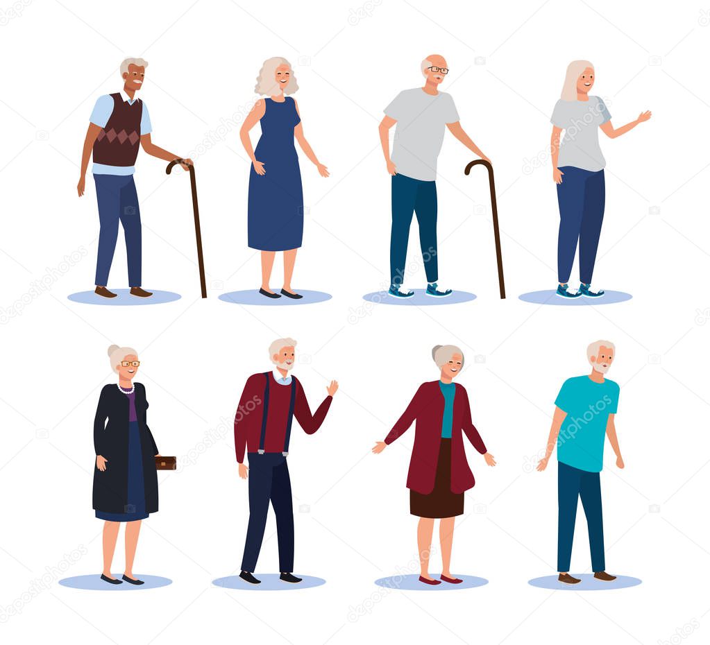 set of old women and men with fashion clothes and hairstyle