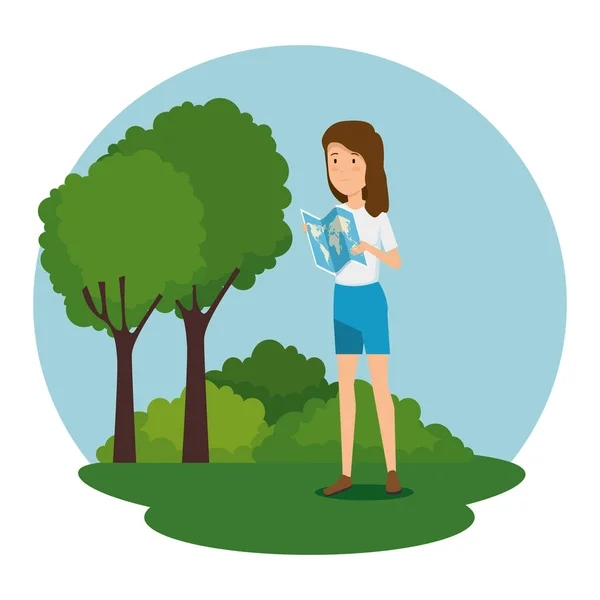 Woman with global map and trees with bushes — Stock Vector