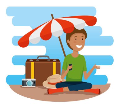 şemsiye ve seyahat bagajı ile kadın turist