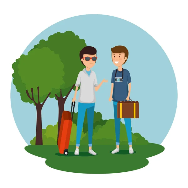 Mężczyźni turysta z walizka i bagaż do podróży — Wektor stockowy