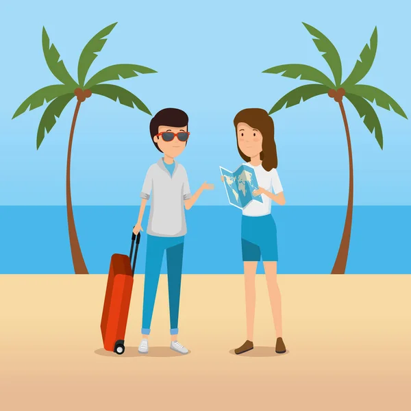 Άνθρωπος και γυναίκα τουρίστρια με παγκόσμιο χάρτη στην παραλία — Διανυσματικό Αρχείο
