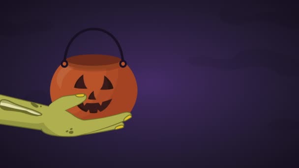 Feliz fiesta de halloween con calabaza y dulces — Vídeo de stock