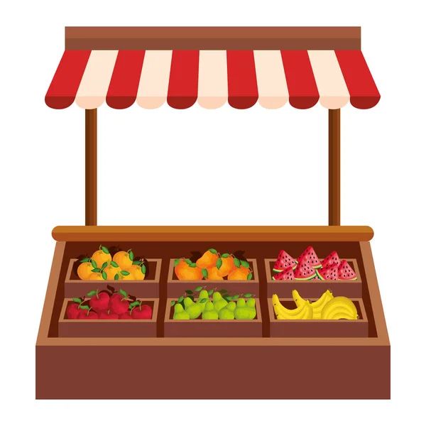 Grupo de frutas frescas en kiosco de madera — Vector de stock