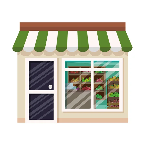 Tienda fachada con frutas y verduras en estanterías de madera — Vector de stock