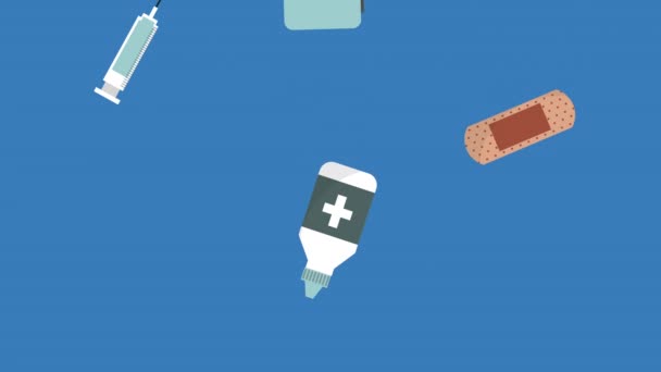 Анимация элементов медицинского набора лекарств — стоковое видео