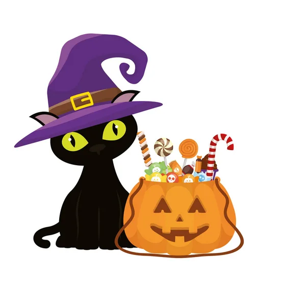 Halloween chat dessin animé et bonbons vectoriel design — Image vectorielle