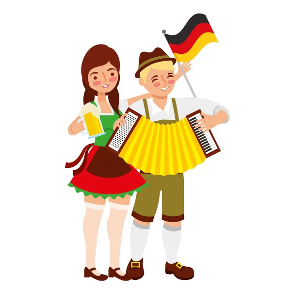 Баварские мужчина и женщина с флагом аккордеон и пиво — стоковый вектор