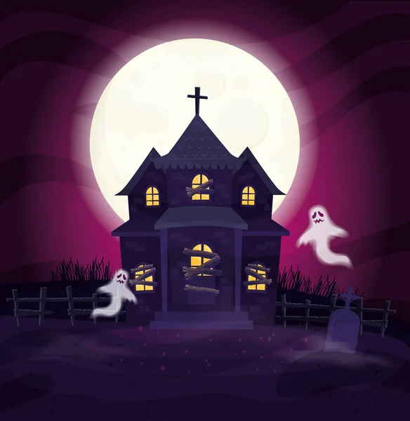 Fantasmas con casa abandonada en la escena de Halloween — Vector de stock