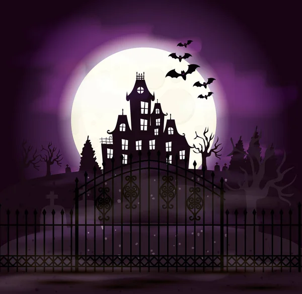 Castelo assombrado com cemitério e ícones na cena de Halloween — Vetor de Stock