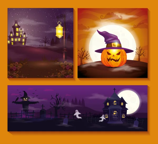 Cartes à jouer avec des scènes d'Halloween — Image vectorielle