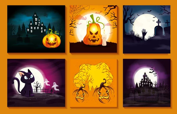 Set kaarten met Halloween scènes — Stockvector