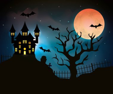 cadılar bayramı sahnesinde kuru ağaç ile perili kale