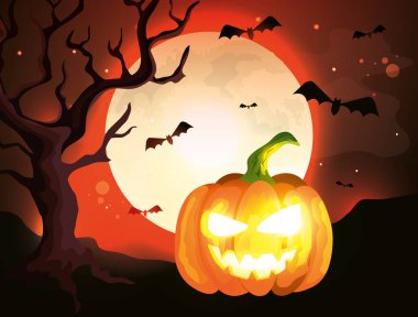 cadılar bayramı sahnesinde uçan yarasalar ile kabak