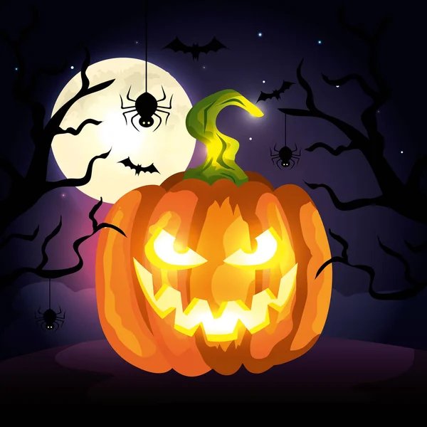 Pompoen met spinnen in Halloween scene — Stockvector