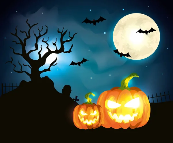Calabazas con murciélagos volando en la escena de Halloween — Vector de stock