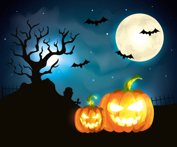 pumpkins with bats flying in halloween scene