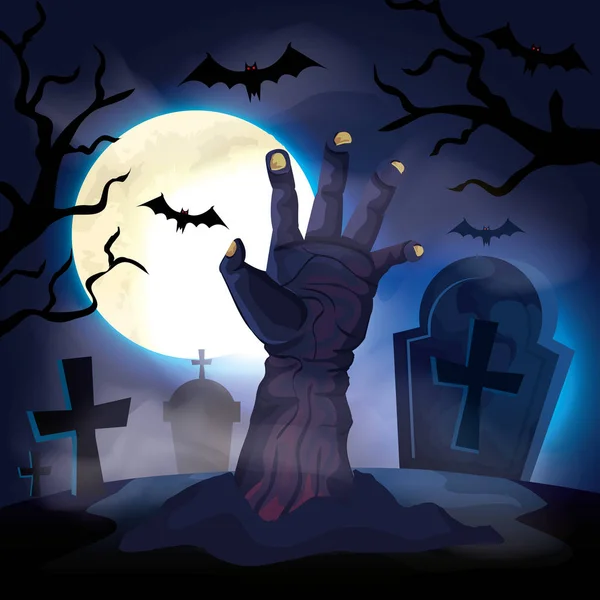 Mano de zombie con cementerio en la escena de Halloween — Archivo Imágenes Vectoriales