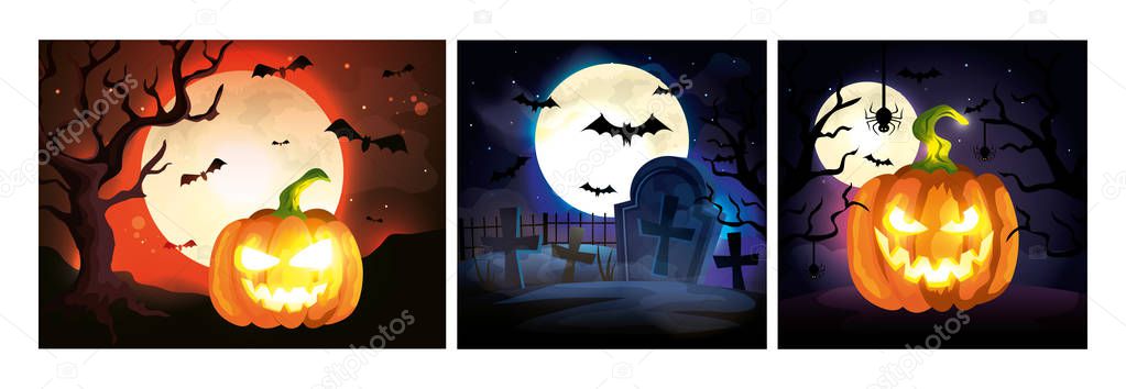set cards with halloween scenes