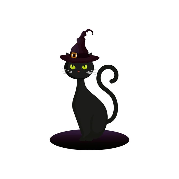 Gato felino halloween con sombrero bruja — Vector de stock