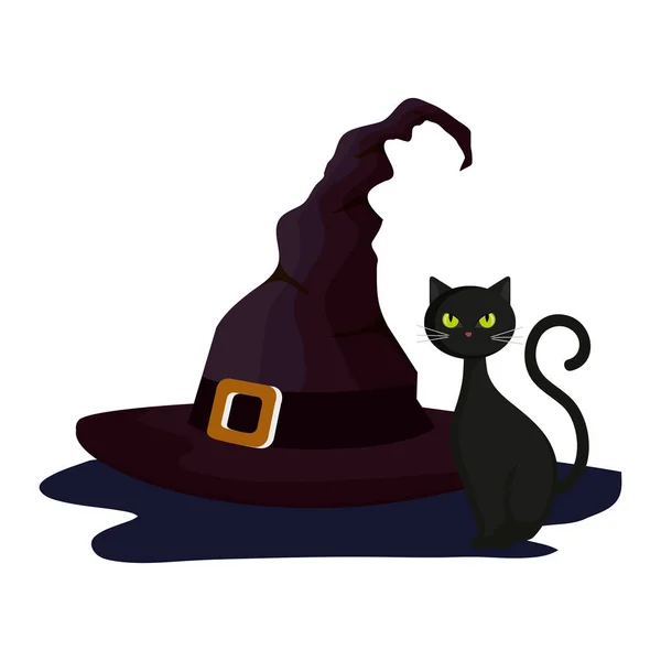 Gato felino halloween com chapéu bruxa — Vetor de Stock