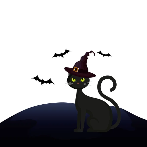 Кошачий Хэллоуин с ведьмой в шляпе и летучими летучими мышами — стоковый вектор
