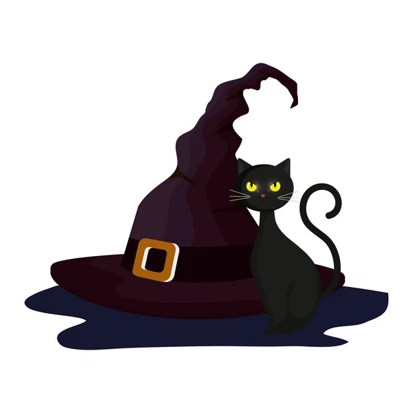 Кошачий Хэллоуин с ведьмой в шляпе — стоковый вектор