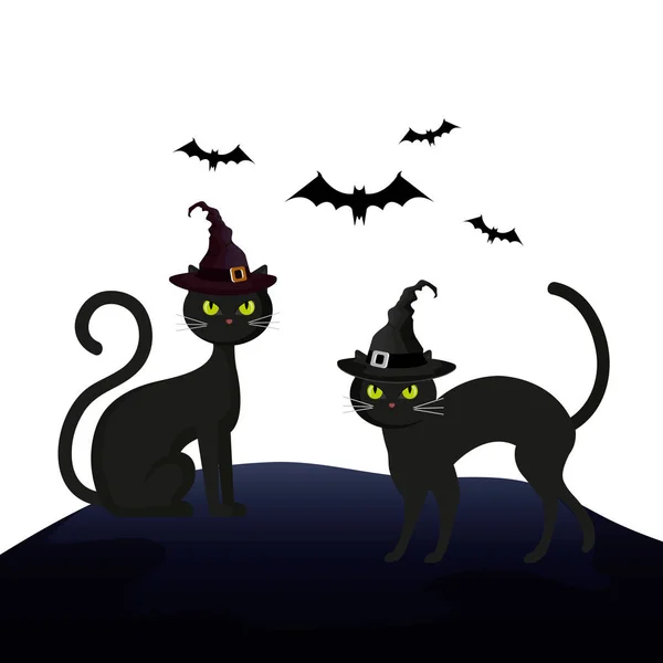 Gatos felino halloween com chapéu bruxa e morcegos voando —  Vetores de Stock