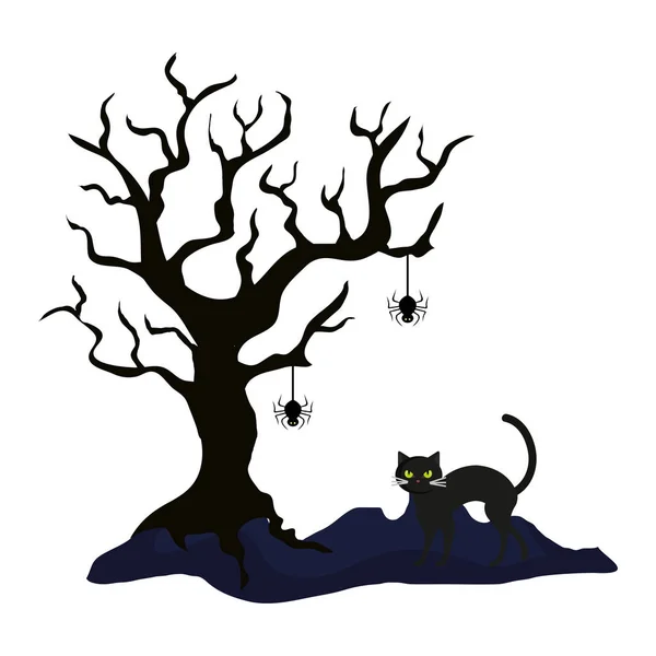 Dry tree with cat and spider of halloween — Stock Vector