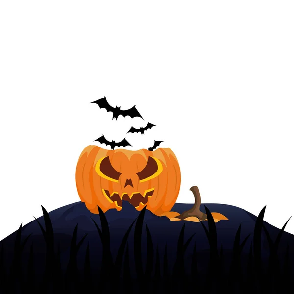 Halloween calabaza rota con murciélagos volando — Archivo Imágenes Vectoriales