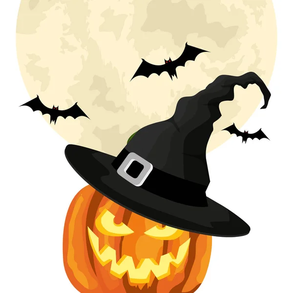 Calabaza de Halloween con sombrero bruja y murciélagos volando — Archivo Imágenes Vectoriales