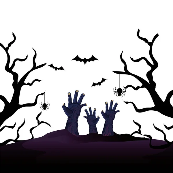 Руки зомби на Хэллоуин с летучими летучими мышами — стоковый вектор
