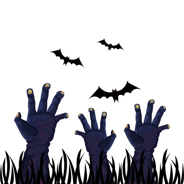 Mani di zombie per Halloween con pipistrelli che volano — Vettoriale Stock