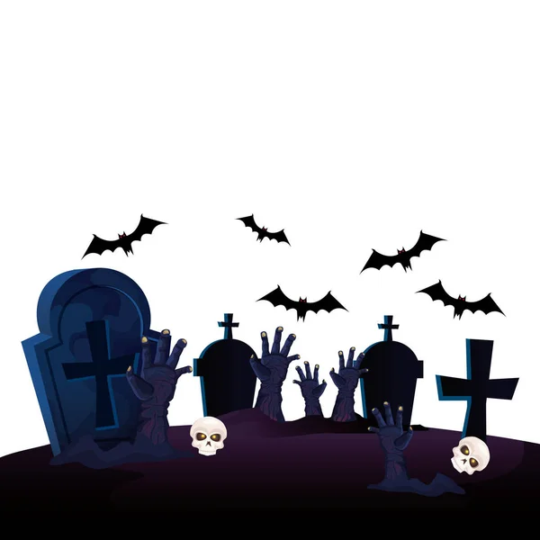 Mâinile de zombie pentru Halloween în cimitir — Vector de stoc