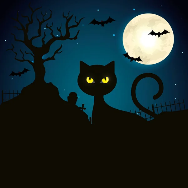 Gato en la noche oscura halloween escena — Vector de stock